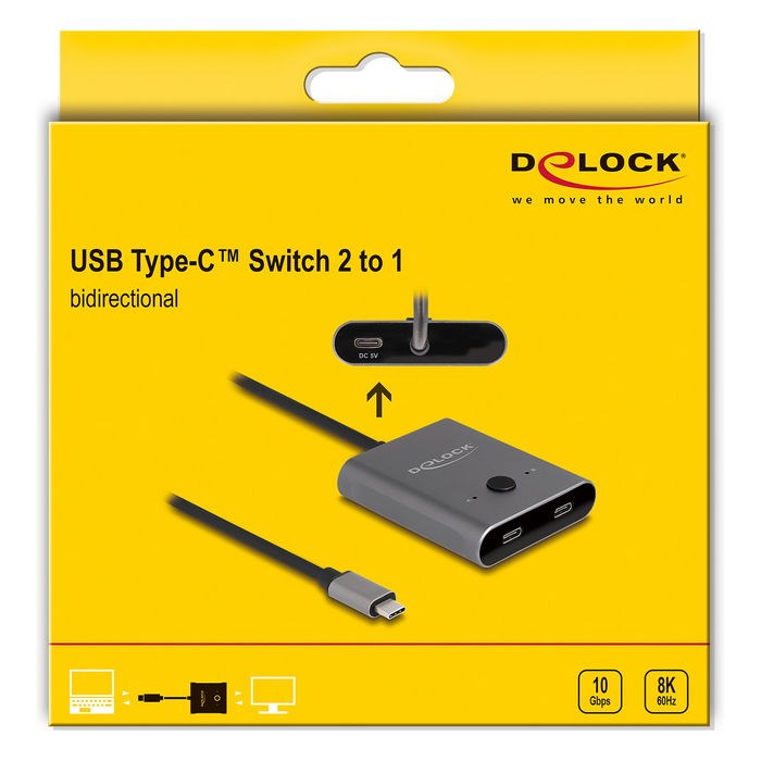 DeLOCK USB Type-C Switch 2 en 1 Bidireccional 10 Gbps 8K USB 3.2 Gen 2 con Power Delivery 100W