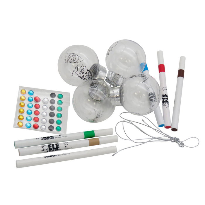 CYP BRANDS Bolas de Navidad para Pintar The Elf On The Shelf con 4 Bolas, 6 Rotuladores, Correa y Gemas, +3 Años