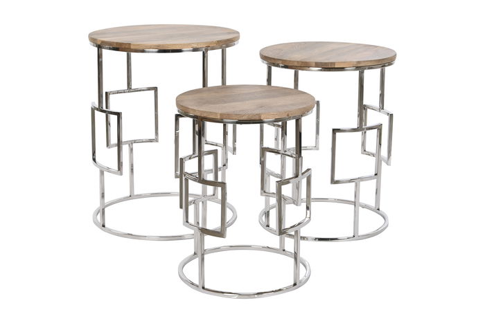 DKD Home Decor Mesita Auxiliar Loft Natural Plateado Mango y Cromado 49.5 x 62 x 49.5 cm Set de 3