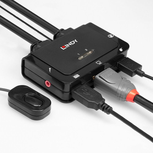 Lindy 42344 Switch KVM para Rack 2 Ordenadores, 4K Ultra HD 60Hz, Puertos DisplayPort y USB, con Cable de 1.2m, Color Negro