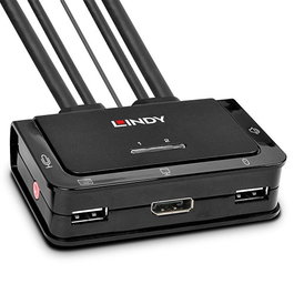 Lindy 42344 Switch KVM para Rack 2 Ordenadores, 4K Ultra HD 60Hz, Puertos DisplayPort y USB, con Cable de 1.2m, Color Negro