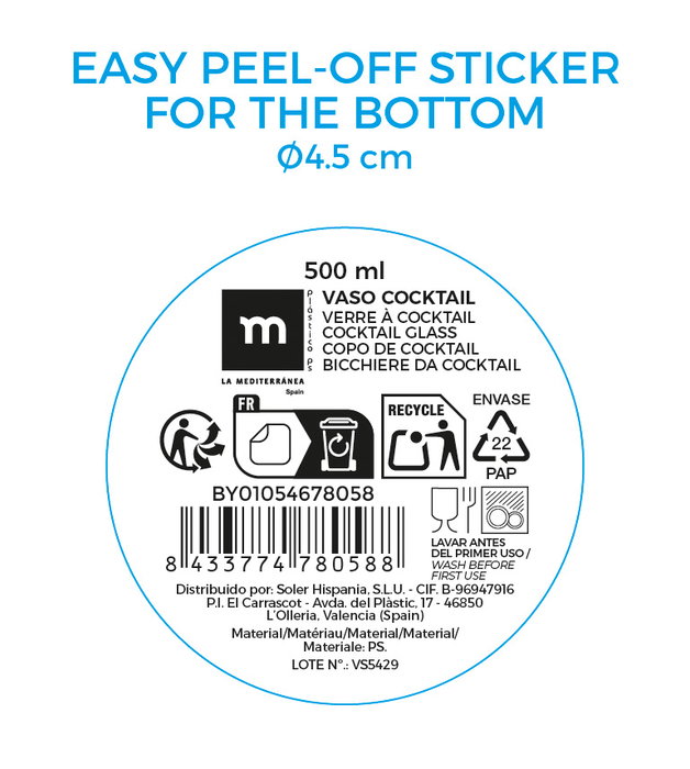 Inde Vaso Cocktail 500 ml La Mediterránea, para cócteles, 14.6 cm de alto (12 Unidades)