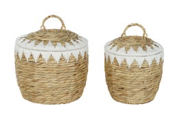 DKD Home Decor Set de 2 Cestas de Fibra y Algodón con Tapa Natural