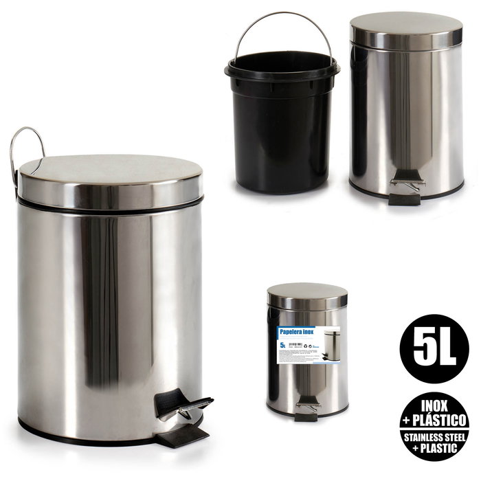 Berilo Papelera de Acero Inoxidable con Pedal, 5L, Plata - 20.5x27.5x26 cm, con Cubo Extraíble (Set de 4)