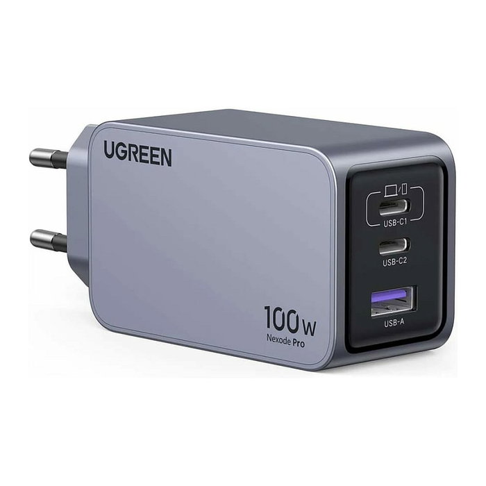 UGREEN Nexode Pro 100W GaN Cargador Rápido 3 Puertos EU con Cable USB-C, Negro/Gris, Carga Súper Rápida PD, Protección Sobrecorriente y Sobretensión
