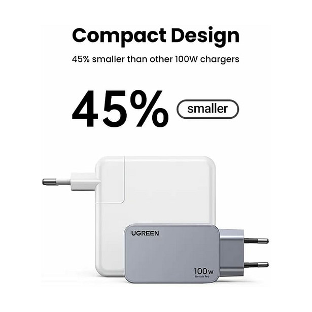 UGREEN Nexode Pro 100W GaN Cargador Rápido 3 Puertos EU con Cable USB-C, Negro/Gris, Carga Súper Rápida PD, Protección Sobrecorriente y Sobretensión