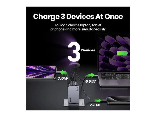 UGREEN Nexode Pro EU Cargador Rápido GaN PD de 3 Puertos con Cable USB-C Universal Negro, Gris