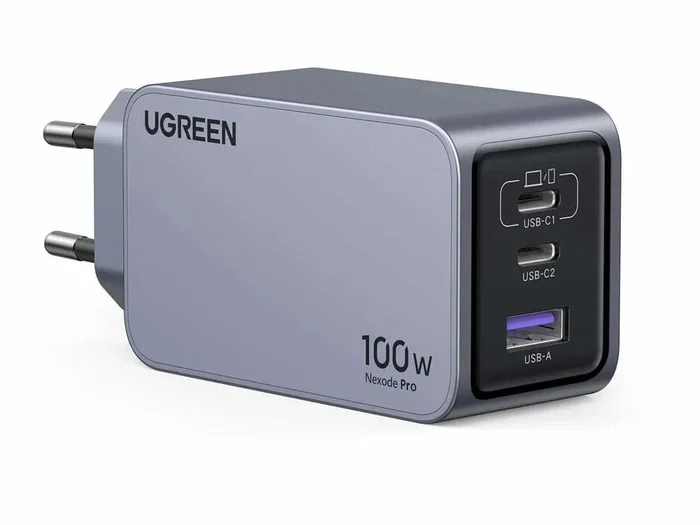 Ugreen Nexode Pro 100W GaN con cable USB-C, 3 puertos, Negro/Gris Ugreen Nexode Pro 100W GaN con cable USB-C, 3 puertos, Negro/Gris