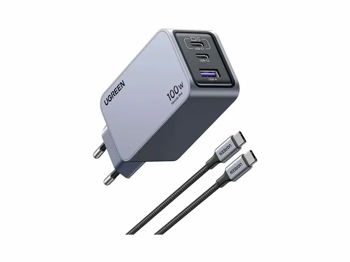 Ugreen Nexode Pro 100W GaN con cable USB-C, 3 puertos, Negro/Gris