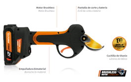 ALTUNA Tijera de Poda con Motor Brushless de 500 W y 2 Baterías de 21 V