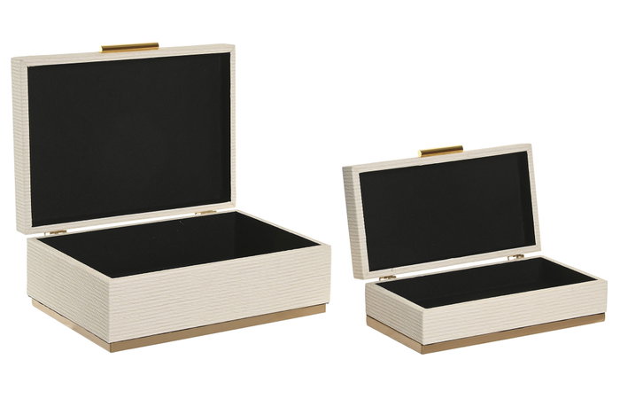 DKD Home Decor Set de 2 Cajas de Madera 30x21x11 cm Blanco y Dorado
