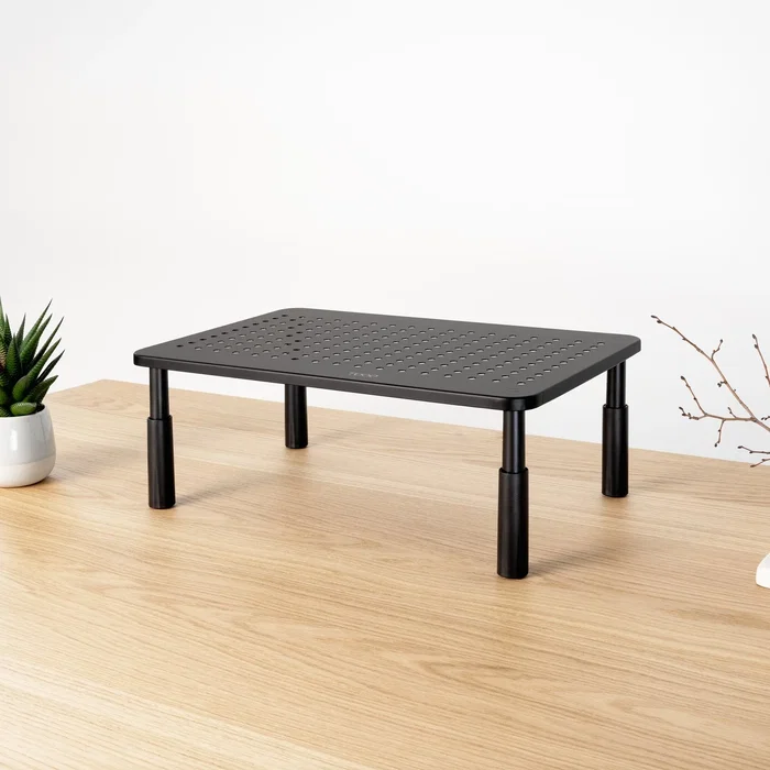 TooQ TQMR086 Soporte para Monitor de Escritorio, Elevador Ergonómico con Ajuste de Altura (100-140 mm) para Pantalla, Portátil o Impresora, Hasta 20 kg, Negro