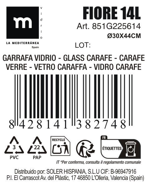 La Mediterranea Garrafa de Vidrio Fiore 14L