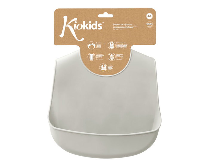 KioKids Babero Blandito de Silicona Gris con Bolsillo Recogemigas +4 Meses