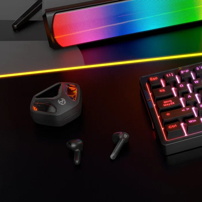 Krom KALL Auriculares Inalámbricos In-Ear Gaming con Bluetooth 5.3, Micrófono Integrado, Batería 4h, Estuche de Carga Rápida, Color Negro