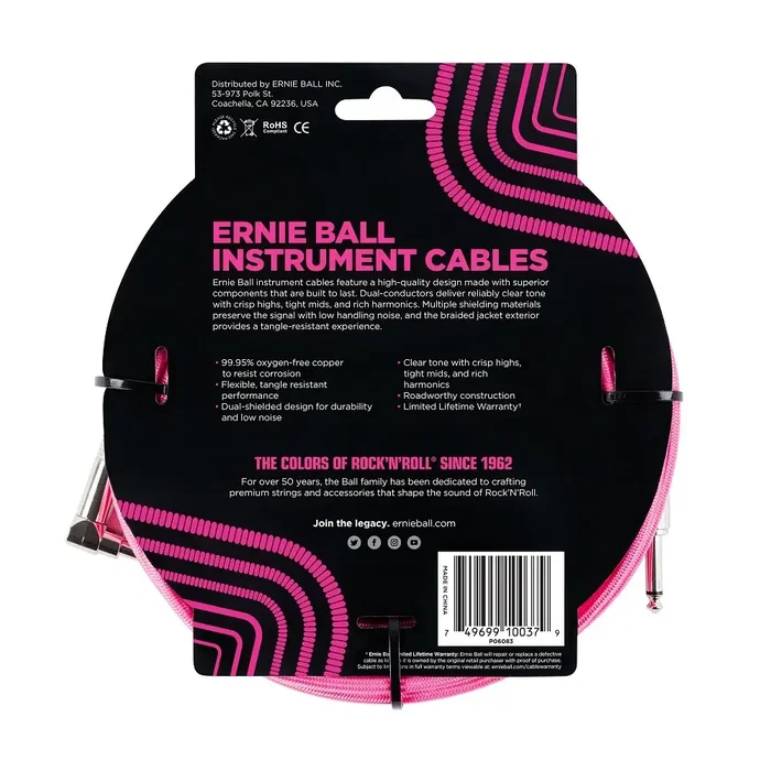 Ernieball Cable de Instrumento Trenzado Jack-Jack 5,49 m - Neon / Rosa