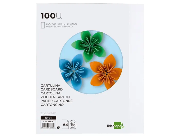 Liderpapel Cartulina A4 180g/m2 Blanco Paquete 100 Hojas