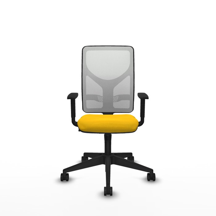 Silla de oficina Motilla con mecanismo Sincro tapizada con Tela color Amarillo y malla color Blanco. Equipada con lumbar 1D, Brazos 1D y Ruedas 65mm nailon