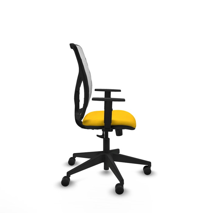 Silla de oficina Motilla con mecanismo Sincro tapizada con Tela color Amarillo y malla color Blanco. Equipada con lumbar 1D, Brazos 1D y Ruedas 65mm nailon