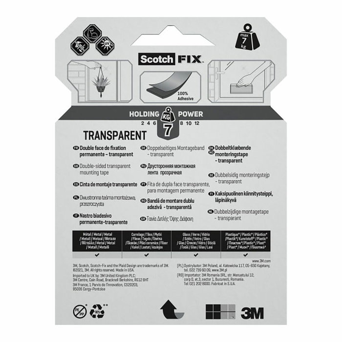 Scotch Cinta de montaje de doble cara transparente 19 mm x 5 m (máx. 7 kg)