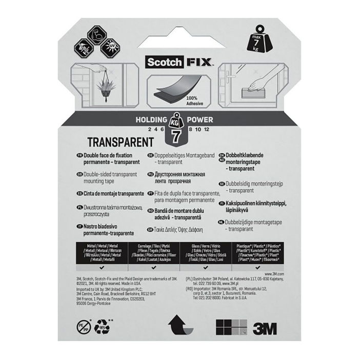 Scotch Cinta Doble Cara Montaje Transparente Máx. 7 kg 19 mm x 5 m