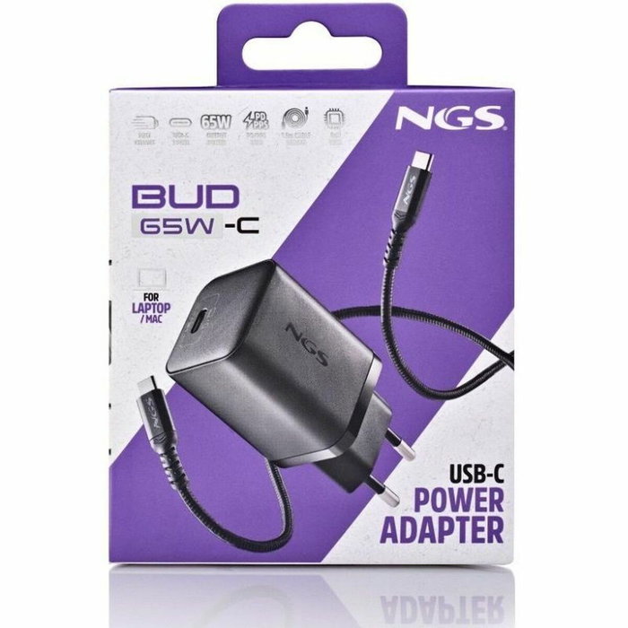 NGS Cargador de Pared GaN BUD 65W-C con Cable USB-C a USB-C de 1,5m Negro NGS Cargador de Pared GaN BUD 65W-C con Cable USB-C a USB-C de 1,5m Negro