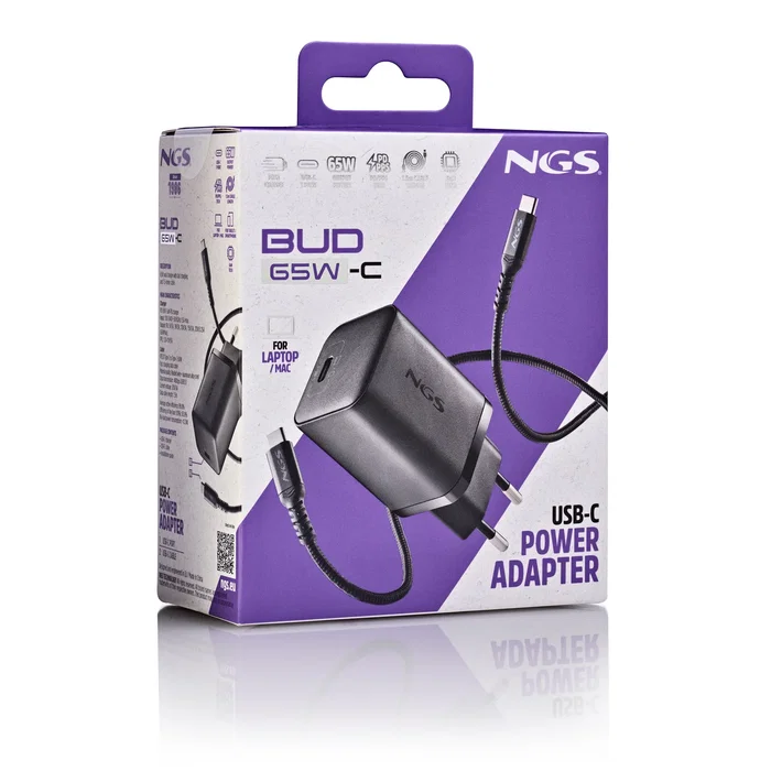 NGS Cargador de Pared GaN BUD 65W 1x USB-C con Cable 1.5m Negro | Universal | Carga Rápida PD 3.0 | Smartphone Tablet Portátil