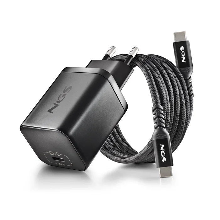 NGS Cargador de Pared GaN BUD 65W 1x USB-C con Cable 1.5m Negro | Universal | Carga Rápida PD 3.0 | Smartphone Tablet Portátil