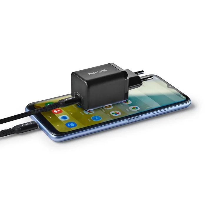 NGS Cargador de Pared GaN BUD 65W 1x USB-C con Cable 1.5m Negro | Universal | Carga Rápida PD 3.0 | Smartphone Tablet Portátil