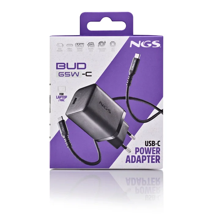 NGS Cargador de Pared GaN BUD 65W 1x USB-C con Cable 1.5m Negro | Universal | Carga Rápida PD 3.0 | Smartphone Tablet Portátil