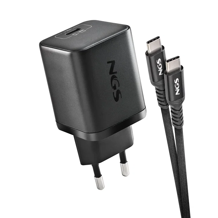 NGS Cargador de Pared GaN BUD 65W 1x USB-C con Cable 1.5m Negro | Universal | Carga Rápida PD 3.0 | Smartphone Tablet Portátil