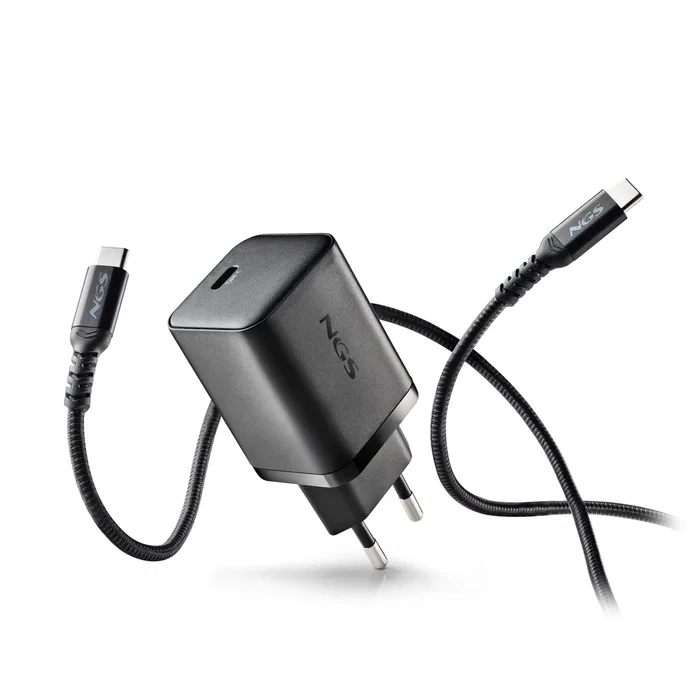 NGS Cargador de Pared GaN BUD 65W 1x USB-C con Cable 1.5m Negro | Universal | Carga Rápida PD 3.0 | Smartphone Tablet Portátil