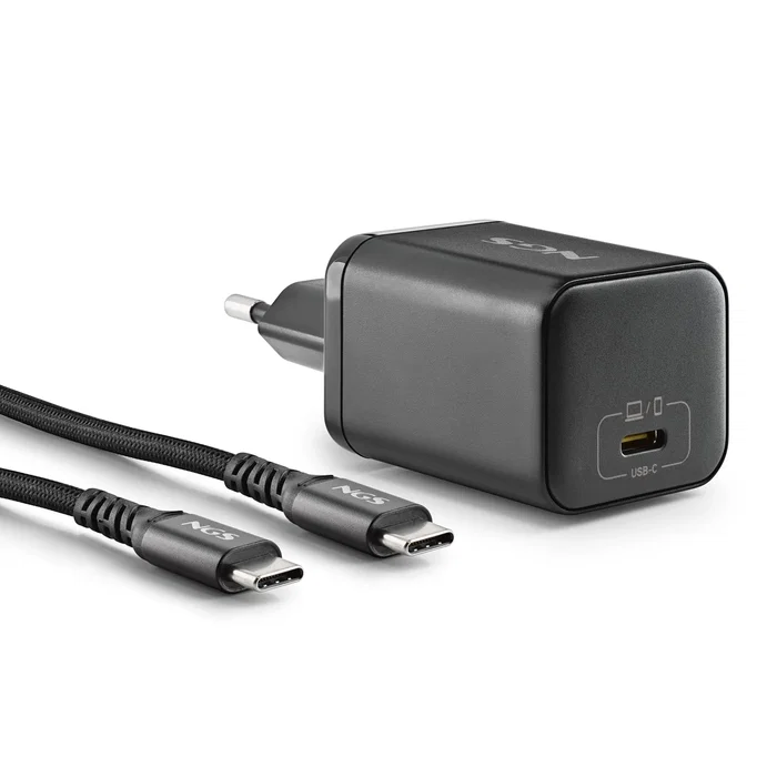 NGS Cargador de Pared GaN BUD 65W 1x USB-C con Cable 1.5m Negro | Universal | Carga Rápida PD 3.0 | Smartphone Tablet Portátil