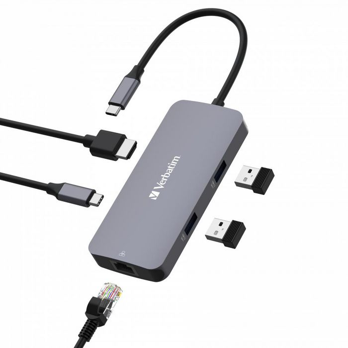 Verbatim Hub Multi-puerto USB-C Pro de 5 Puertos con HDMI 4K, RJ45 Gigabit Ethernet, 2x USB-A 3.2 Gen1 5Gb/s, USB-C PD Carga 85W Verbatim Hub Multi-puerto USB-C Pro de 5 Puertos con HDMI 4K, RJ45 Gigabit Ethernet, 2x USB-A 3.2 Gen1 5Gb/s, USB-C PD Carga 85W