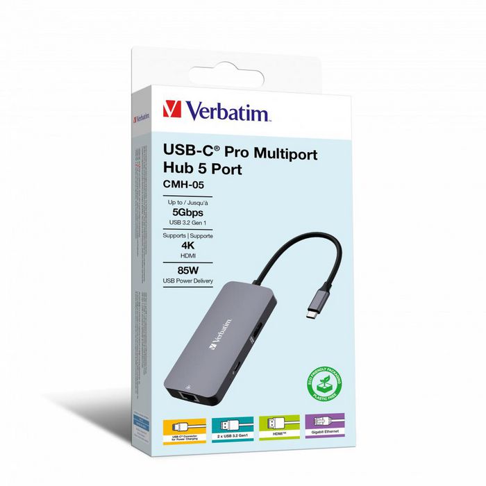 Verbatim Hub Multi-puerto USB-C Pro de 5 Puertos con HDMI 4K, RJ45 Gigabit Ethernet, 2x USB-A 3.2 Gen1 5Gb/s, USB-C PD Carga 85W Verbatim Hub Multi-puerto USB-C Pro de 5 Puertos con HDMI 4K, RJ45 Gigabit Ethernet, 2x USB-A 3.2 Gen1 5Gb/s, USB-C PD Carga 85W