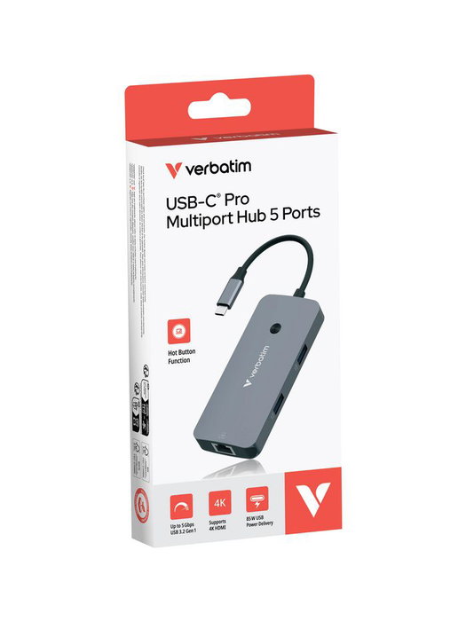 Verbatim CMH-05 Hub Multiport USB-C Pro con 5 Puertos: HDMI 4K, Gigabit Ethernet, USB-A 3.2, USB-C PD de 85W