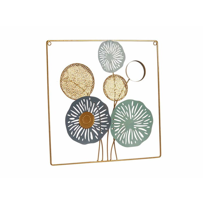 Decoración de Pared Gift Decor Amarillo Azul Blanco Multicolor Dorado Metal Cristal Flores Espejo 45 x 45 x 2 cm (4 Unidades)