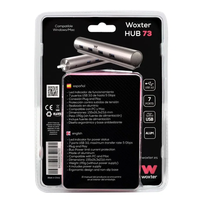 Woxter Hub 73 PE26-142 - Hub USB 3.0 de 7 Puertos con Alimentación Externa, Aluminio, Color Gris/Plata, Plug & Play, Compatible PC y Mac