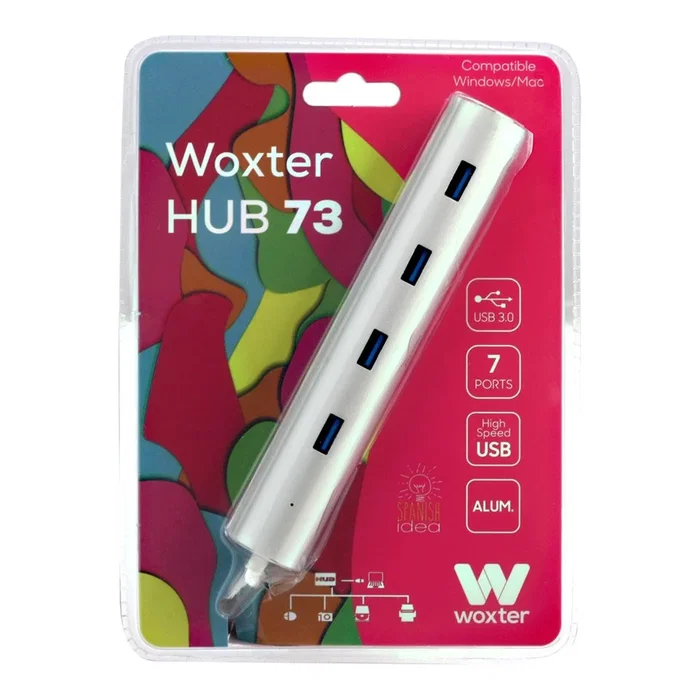 Woxter Hub 73 PE26-142 - Hub USB 3.0 de 7 Puertos con Alimentación Externa, Aluminio, Color Gris/Plata, Plug & Play, Compatible PC y Mac