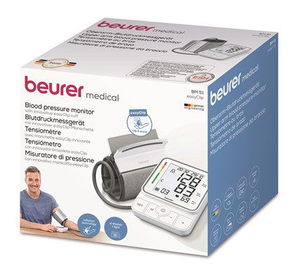 Beurer BM-51 Tensiómetro de Brazo EasyClip con Detector de Arritmias y Pantalla XL Iluminada