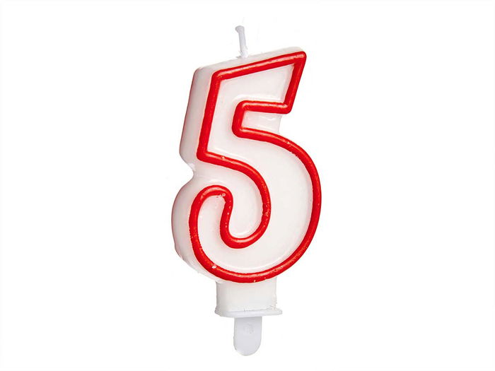 Vela Cumpleaños Número 5 Blanca con Borde Rojo Arte Regal 4 x 8 x 1 cm (Set de 72)