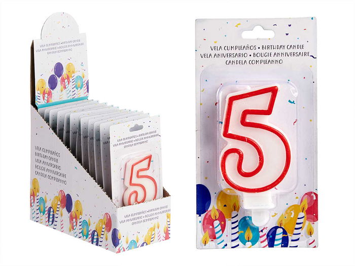 Vela Cumpleaños Número 5 Blanca con Borde Rojo Arte Regal 4 x 8 x 1 cm (Set de 72)