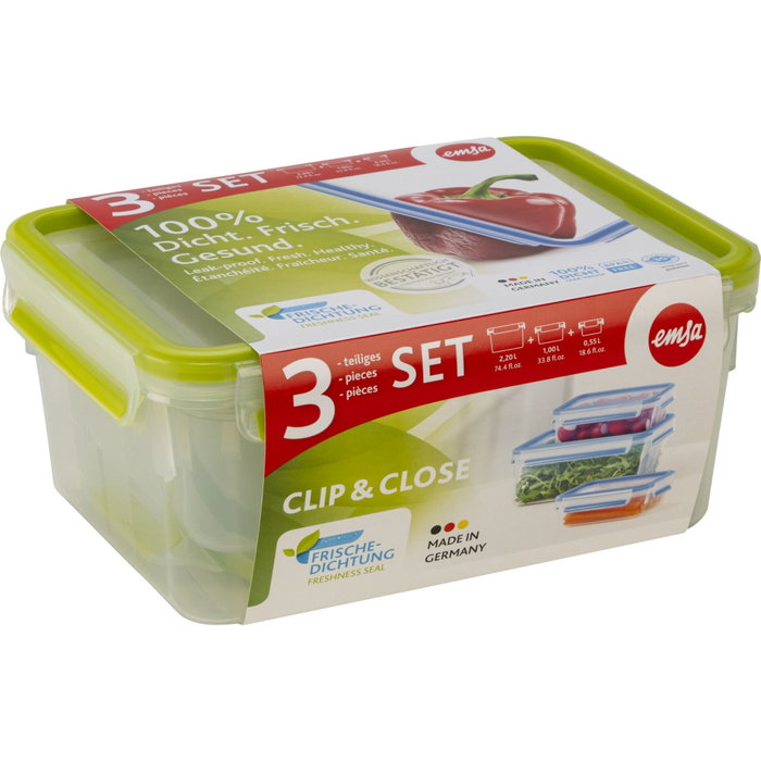 Emsa Clip&Close 515585 Juego de 3 recipientes de alimentos Verde