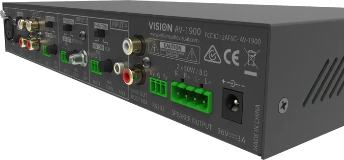 Vision AV-1900 Amplificador de Audio para Hogar, Conexiones XLR/RCA/3.5mm, Clase D, Color Negro