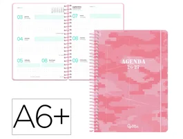 Liderpapel Agenda Escolar Military 2026-2027, Semana Vista, Tamaño A6+, Espiral, Interior Bilingüe, Color Rosa, Papel FSC 80g, Modelo Teens