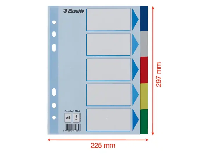 Esselte Separadores PP A5 de 5 pestañas y 6 taladros