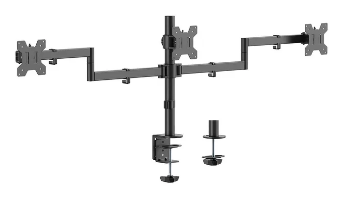 AISENS - SOPORTE DE MESA ECO GIRATORIO E INCLINABLE PARA 3 MONITORES 10KG (3 PIVOTES, 2 BRAZOS) DE 13-27, NEGRO AISENS - SOPORTE DE MESA ECO GIRATORIO E INCLINABLE PARA 3 MONITORES 10KG (3 PIVOTES, 2 BRAZOS) DE 13-27, NEGRO