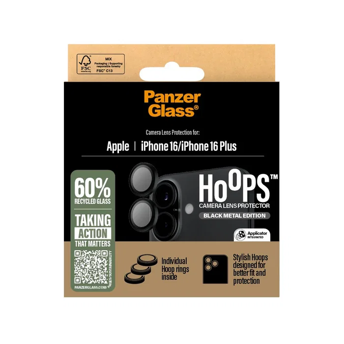 PanzerGlass Protector para lente de cámara Hoops, vidrio templado negro, resistente a golpes y rayones, para iPhone 16 y iPhone 16 Plus, 1 unidad
