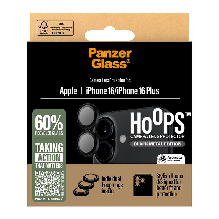 Panzerglass Hoops Camera Lens Protector Black iPhone 16 / 16 Plus Protector de Pantalla Apple