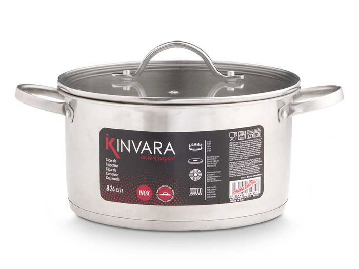 Kinvara Cacerola con Tapa de Cristal para Inducción 24 cm, Acero Inoxidable (SS 14-1), Color Plata, Dimensiones 30.5 x 23.5 x 16.5 cm (Set de 6)